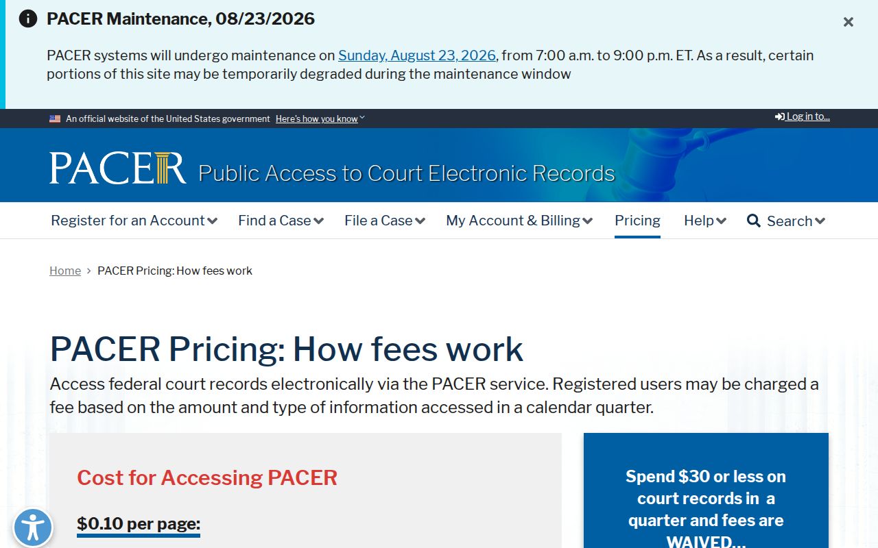 PACER pricing information for federal docket access outside Bloomingdale state court records