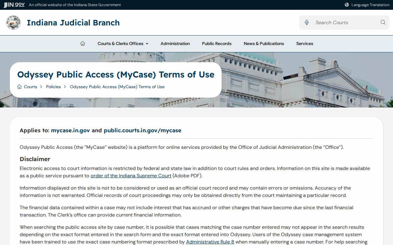 Parke County docket search MyCase terms of use