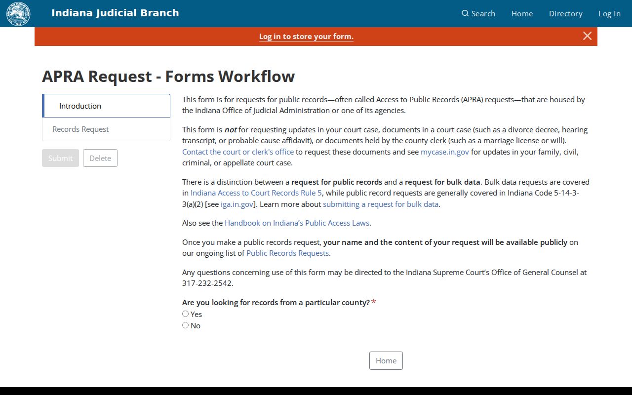 Parke County court case records Indiana APRA form