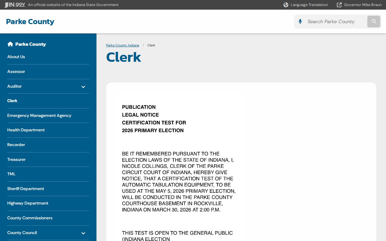 Parke County Clerk docket records page