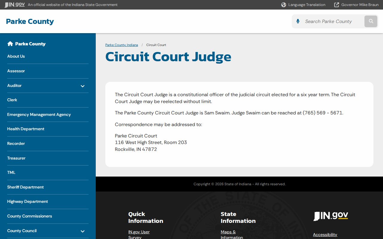 Official Parke Circuit Court docket information