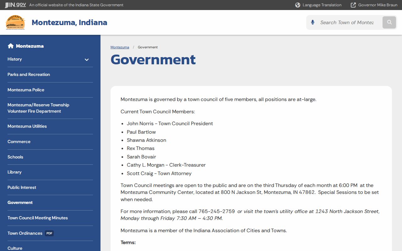 Official Montezuma government page showing the town council and community center