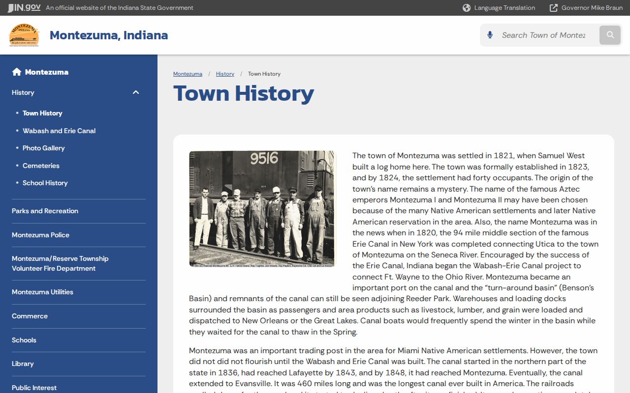 Official Montezuma history page describing canal and railroad development