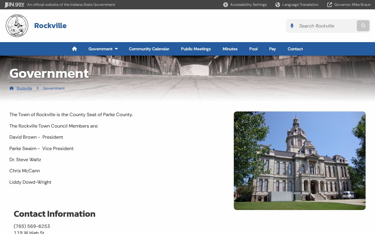 Official Rockville town government page distinguishing Town Hall from Parke County court records