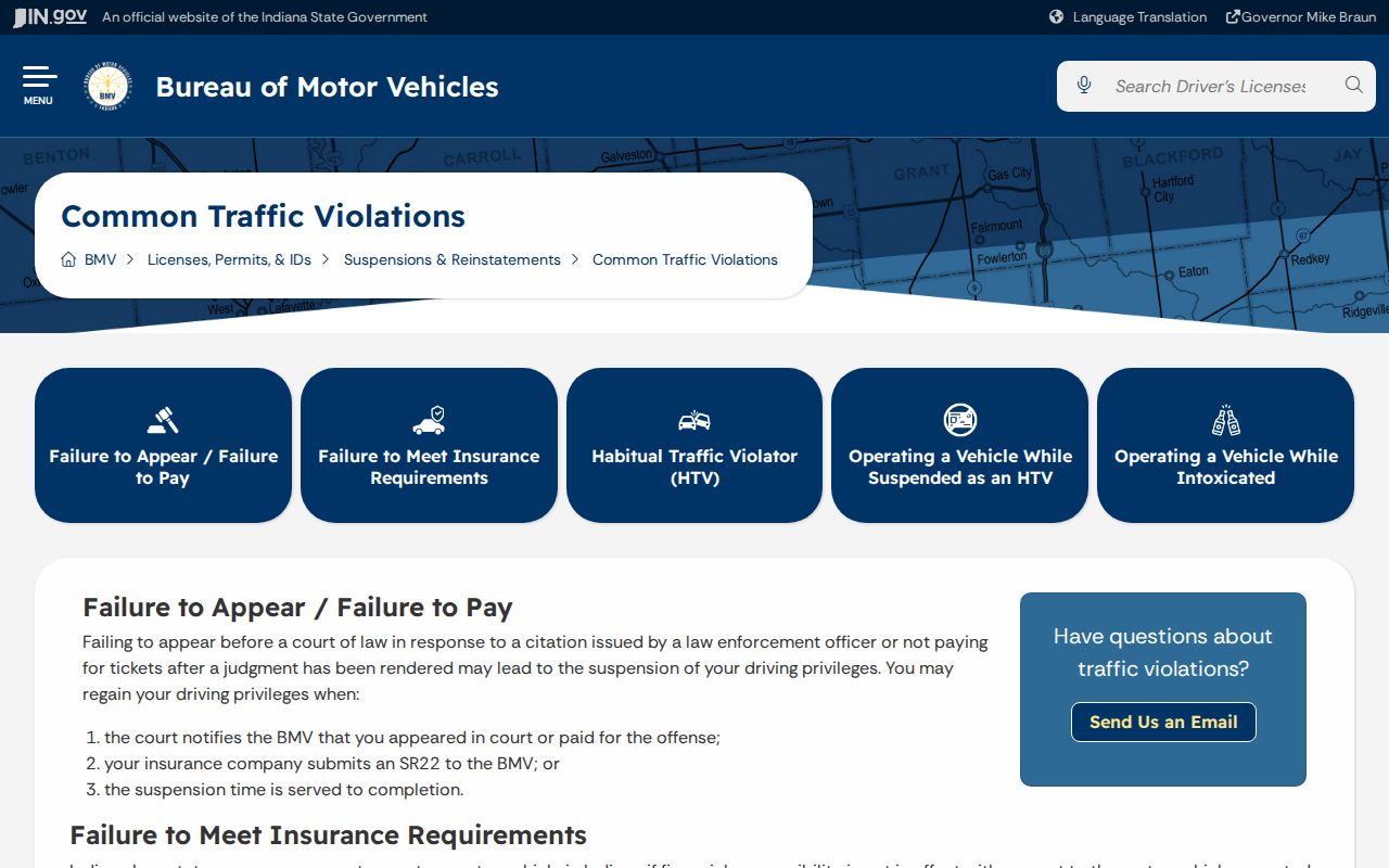 Indiana BMV guidance on failure to appear or pay after a traffic case