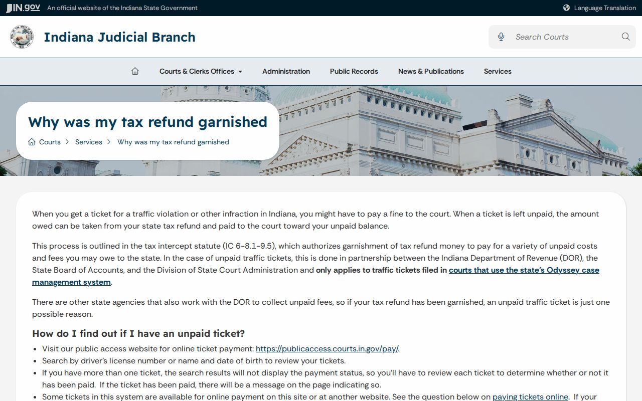 Indiana court guidance on tax refund intercept for unpaid traffic obligations